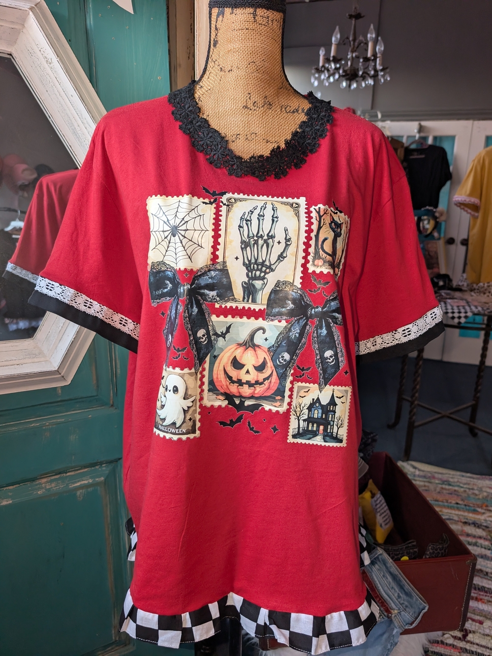Bella Canvas Red Halloween Graphic Tee with Black Lace Trim